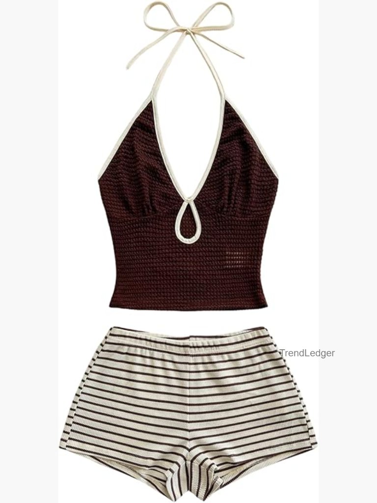 Striped Knit Crop Halter Top & Shorts Set - Sleeveless Going Out Outfit